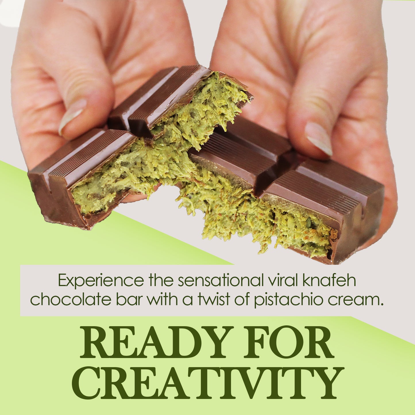 Chocolate bar with pistachio cream being held by hands, with promotional text below.