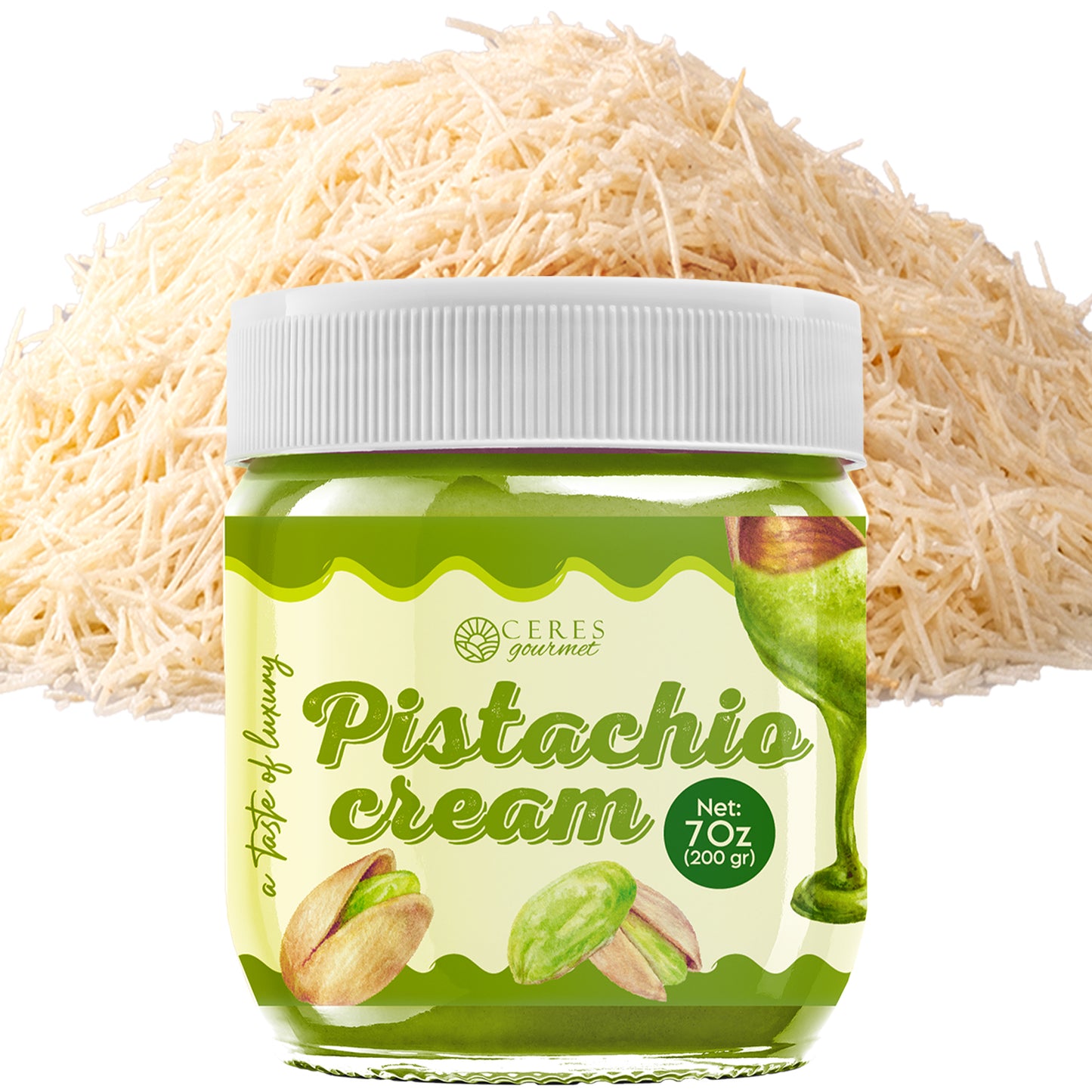 Jar of Ceres Gourmet Pistachio cream with pistachio nuts on a white background