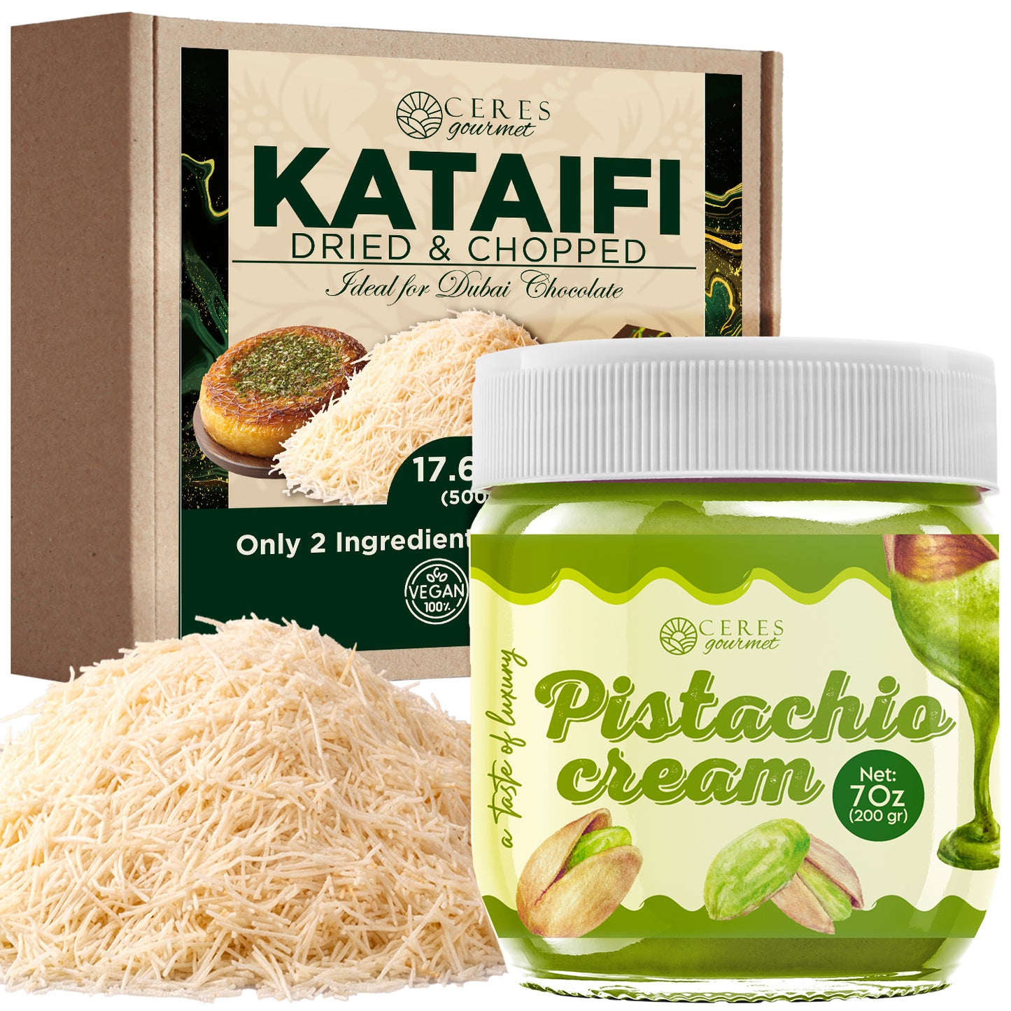 Ceres Kataifi dried and chopped with a jar of pistachio cream on a white background