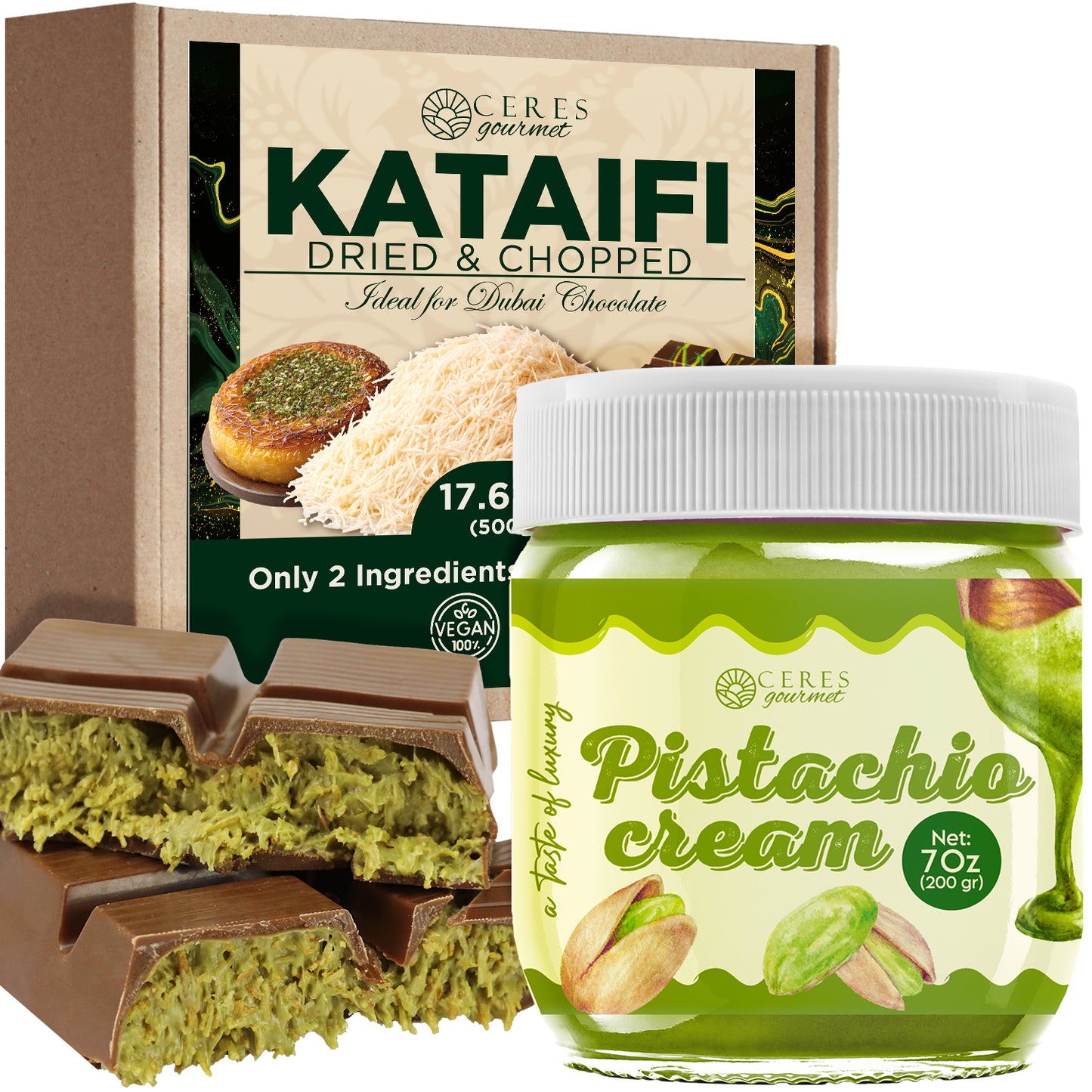Ceres Gourmet Kataifi and Pistachio Cream jar with packaging on a white background
