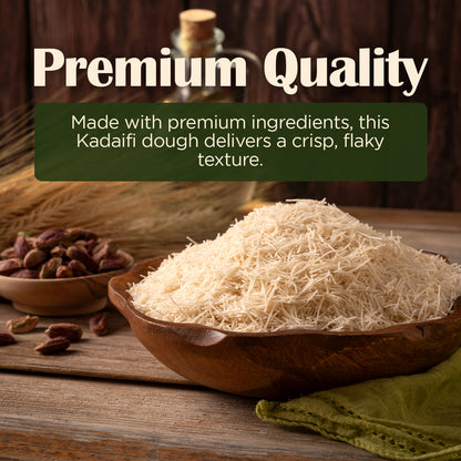 A wooden bowl filled with Ceres Gourmet Premium Kataifi Shredded Fillo Dough – 3.5oz (100g) sits on a rustic table, with pistachios and wheat nearby. Overlaid text reads: “Premium ingredients for crisp, flaky texture.”.