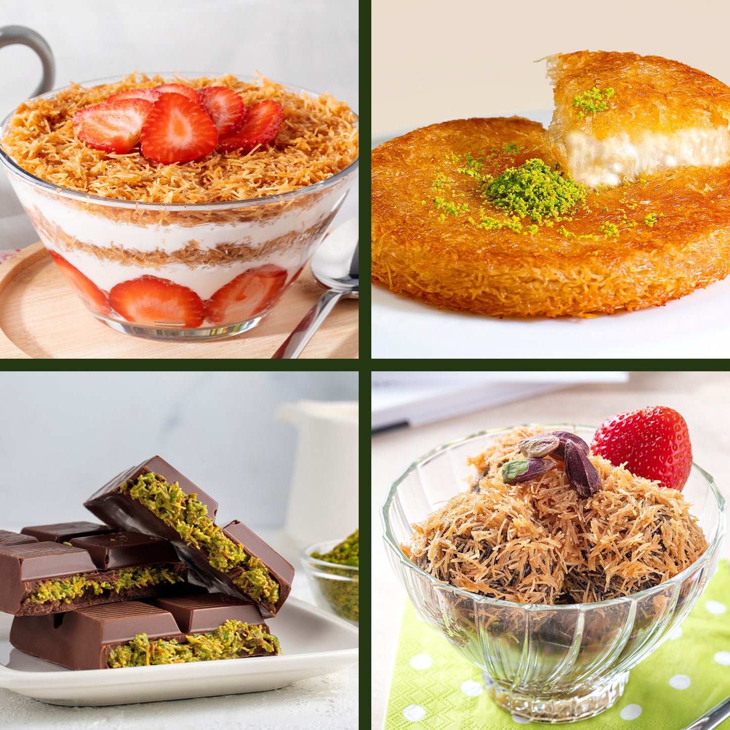 A collage of four Middle Eastern desserts made with Ceres Gourmet Premium Kataifi Shredded Fillo Dough (3.5oz): parfait with strawberries, cream-filled pastry with pistachios, Dubai chocolate pistachio bars, and a nutty glass cup dessert.