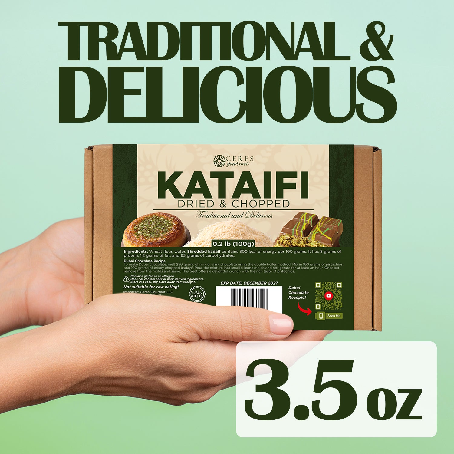 Someone holds a box of Ceres Gourmet Premium Kataifi Shredded Fillo Dough – 3.5oz (100g) against a green background, with bold text saying Traditional & Delicious and the weight shown in the corner.