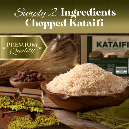 A wooden plate with Ceres Gourmet Premium Kataifi Shredded Fillo Dough – 3.5oz (100g) sits on a table near pistachios, a split Turkish kadayif dessert, wheat stalks, and a box labeled Simply 2 Ingredients Chopped Kataifi.
