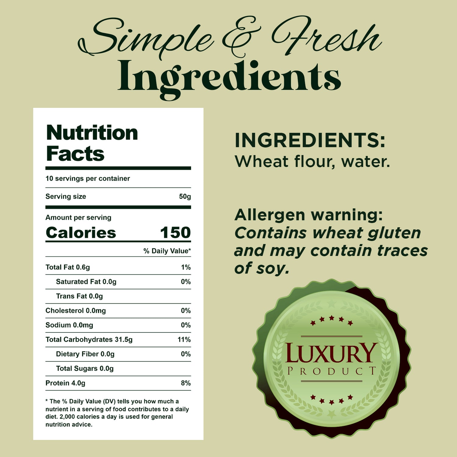 The Premium Kataifi Shredded Fillo Dough – 3.5oz (100g) by Ceres Gourmet lists wheat flour and water as ingredients, contains wheat gluten, may contain soy, and features a Luxury Product green seal with Simple & Fresh Ingredients.
