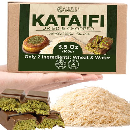 A hand holds a box of Ceres Gourmet Premium Kataifi Shredded Fillo Dough – 3.5oz (100g), labeled vegan and made with wheat and water. Below are Turkish kadayif shreds and Dubai Chocolate treats filled with pistachio.
