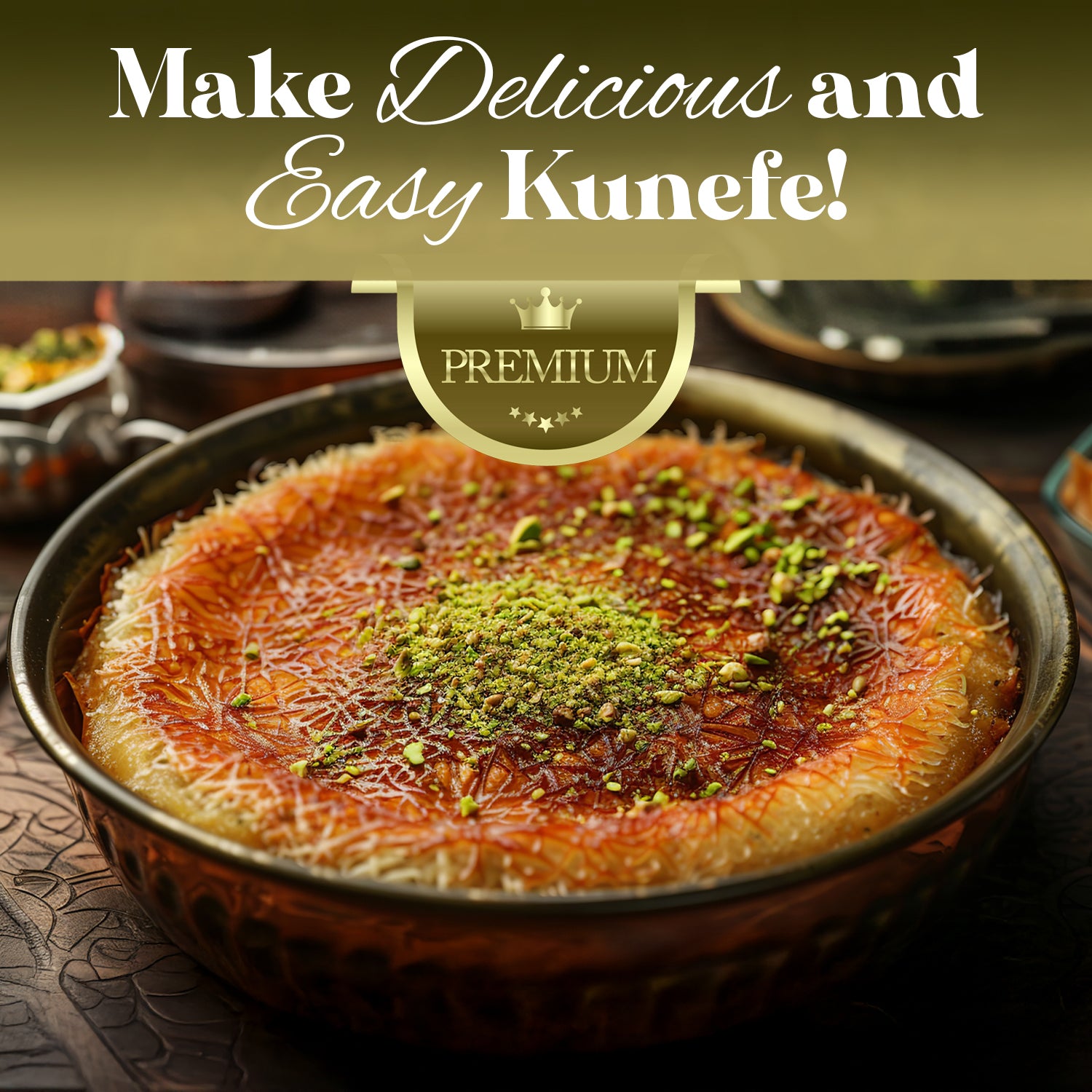 A golden kunefe made with Ceres Gourmet Premium Kataifi Shredded Fillo Dough – 3.5oz (100g), topped with pistachios, is served in a round metal dish. Ornate plates and ingredients decorate the background. Text: Make Delicious and Easy Kunefe! PREMIUM.