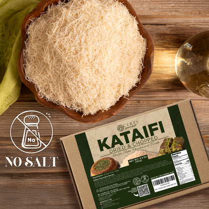 A bowl of Premium Kataifi Shredded Fillo Dough – 3.5oz (100g) from Ceres Gourmet sits beside its box, showing it’s salt-free, with a bottle of oil—perfect for Turkish kadayif or imaginative Dubai Chocolate desserts.