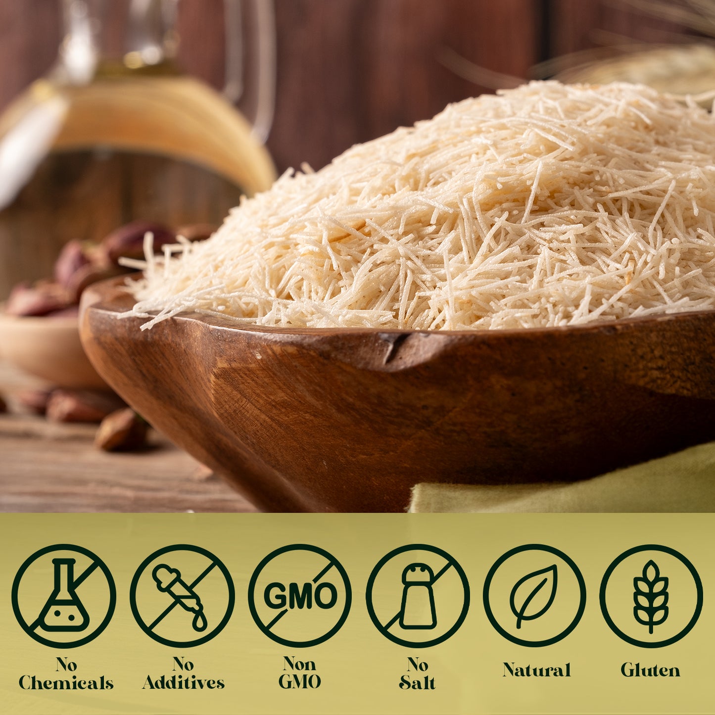 A wooden bowl holds Ceres Gourmet Premium Kataifi Shredded Fillo Dough (3.5oz/100g), resting on a table. Icons below show its natural, gluten-free, non-GMO, with no chemicals, additives, or salt.