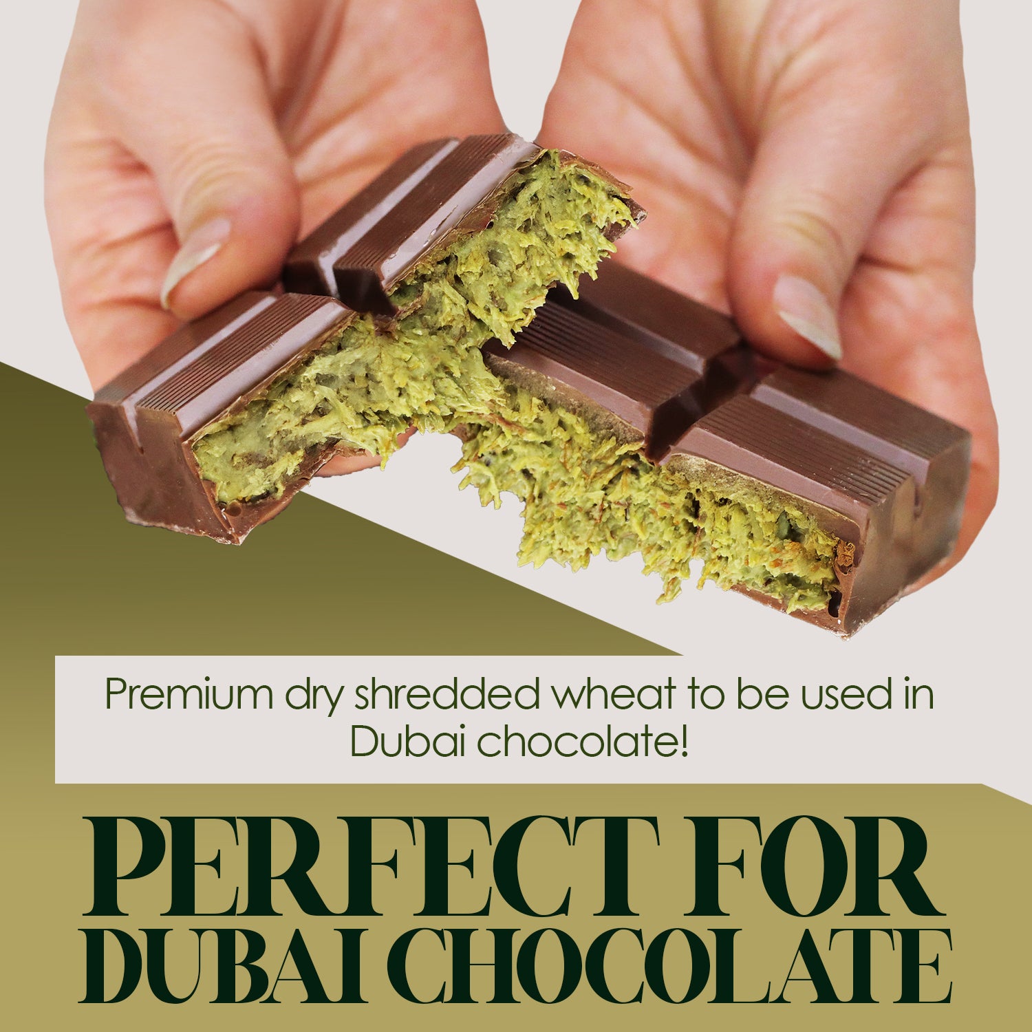 A pair of hands breaks apart chocolate filled with green shredded wheat. Text reads: Ceres Gourmet Premium Kataifi Shredded Fillo Dough – 3.5oz (100g) adds perfect Turkish flavor to every bite!.