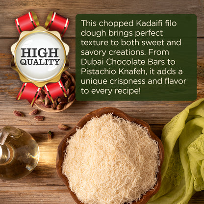 A bowl of Ceres Gourmet Premium Kataifi Shredded Fillo Dough – 3.5oz (100g) sits on a wooden table with pistachios, oil, and a green cloth. A High Quality badge notes its versatility in Dubai chocolate or Turkish kadayif recipes.