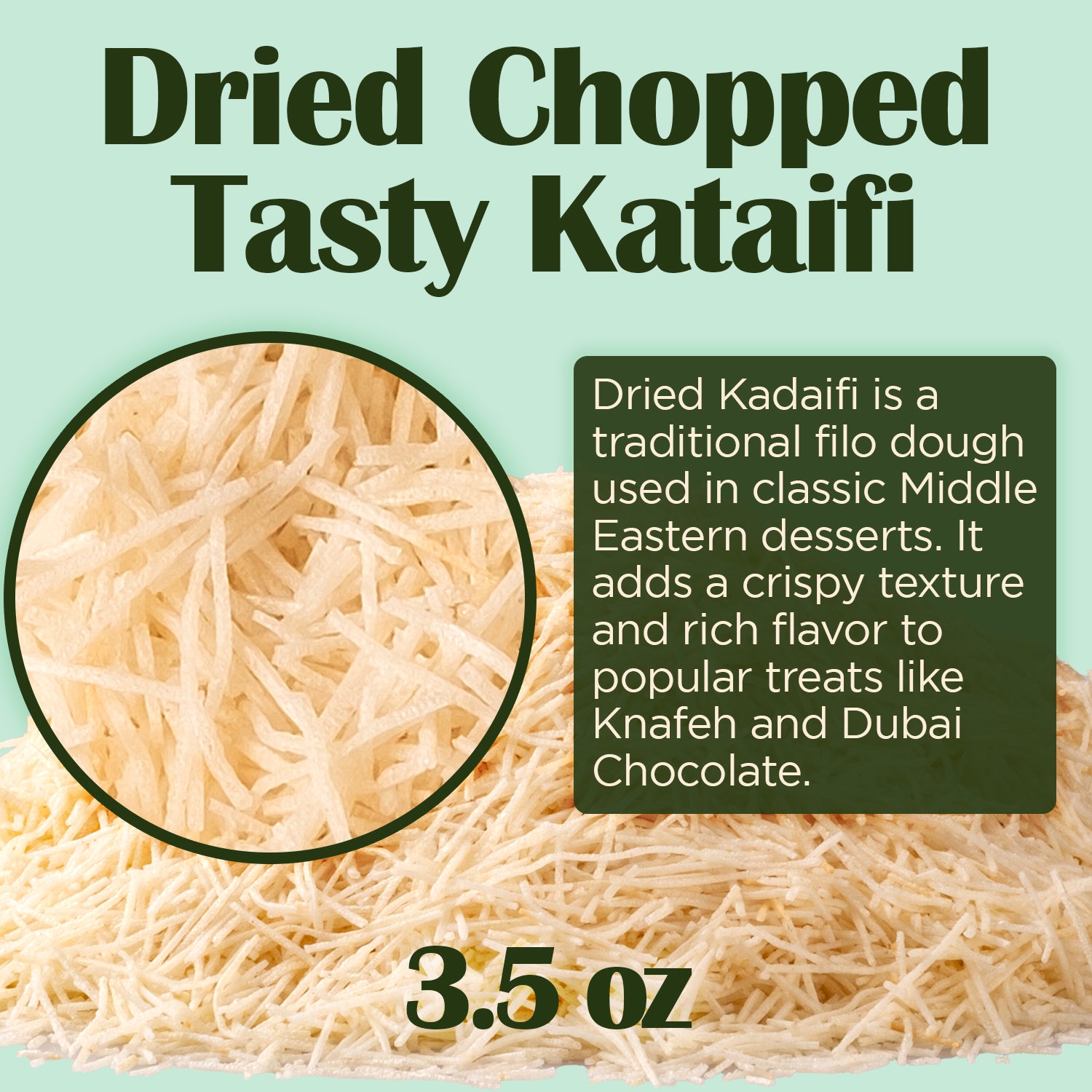 A pile of Ceres Gourmet Premium Kataifi Shredded Fillo Dough – 3.5oz (100g) is shown, described as crispy shredded dough used in Middle Eastern and Turkish kadayif desserts.