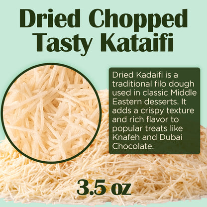 A pile of Ceres Gourmet Premium Kataifi Shredded Fillo Dough – 3.5oz (100g) is shown, described as crispy shredded dough used in Middle Eastern and Turkish kadayif desserts.