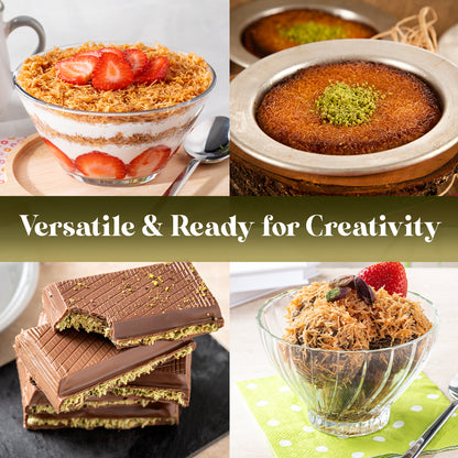 A collage of desserts made with Ceres Gourmet Premium Kataifi Shredded Fillo Dough – 3.5oz (100g): strawberry parfaits, Turkish kadayif with pistachios, chocolate bars, and parfaits with strawberries. Text: “Versatile & Ready for Creativity.”.