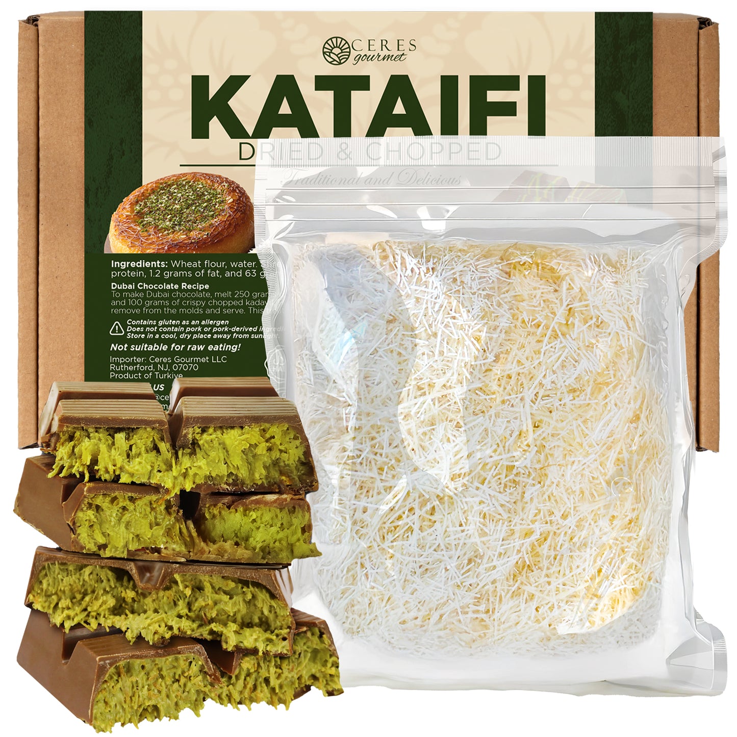 A box of Ceres Gourmet Premium Kataifi Shredded Fillo Dough – 3.5oz (100g) is displayed in a clear plastic pack, with fine shredded fillo dough and several green-filled Dubai chocolates stacked in front.