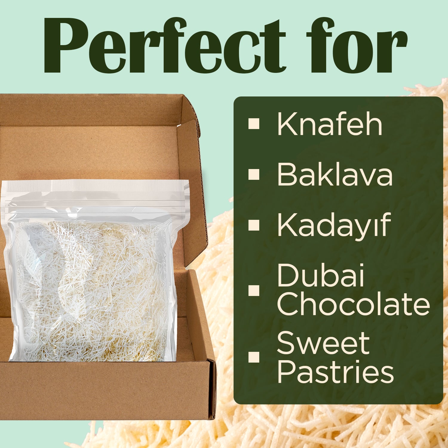 A 3.5oz (100g) bag of Ceres Gourmet Premium Kataifi Shredded Fillo Dough rests open, with a list beside it: “Perfect for Knafeh, Turkish kadayif, Baklava, Dubai Chocolate, Sweet Pastries.” More delicate shreds appear in the background.