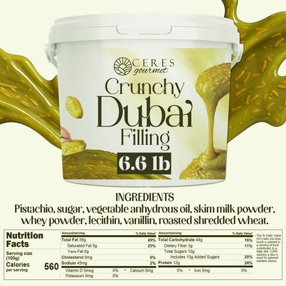 A tub labeled Ceres Gourmet Pistachio Filling for Dubai Chocolate (6.6 lb), with pistachio cream on a spoon—ideal for kataifi desserts. Ingredients like pistachio, sugar, and oil are listed below on a green background.