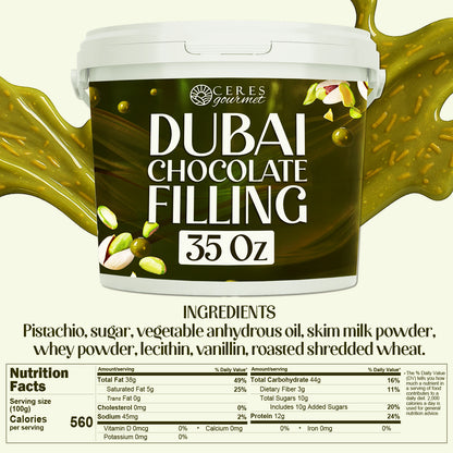 A container labeled Ceres Gourmet Pistachio Filling for Dubai Chocolate (2.2 lb) is shown with chocolate and pistachios, ideal for kataifi or as a rich pistachio filling. Ingredients and nutrition facts appear below on a light background.
