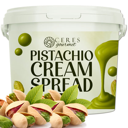A white tub labeled Ceres Gourmet Professional Pistachio Cream for Dubai Chocolate Bars, Brownie, Pancake, Pastry, and Dessert Applications (2.2 lb/6.6 lb/11 lb) with green pistachio swirl graphics, Antep pistachio, whole pistachios, and green leaves.