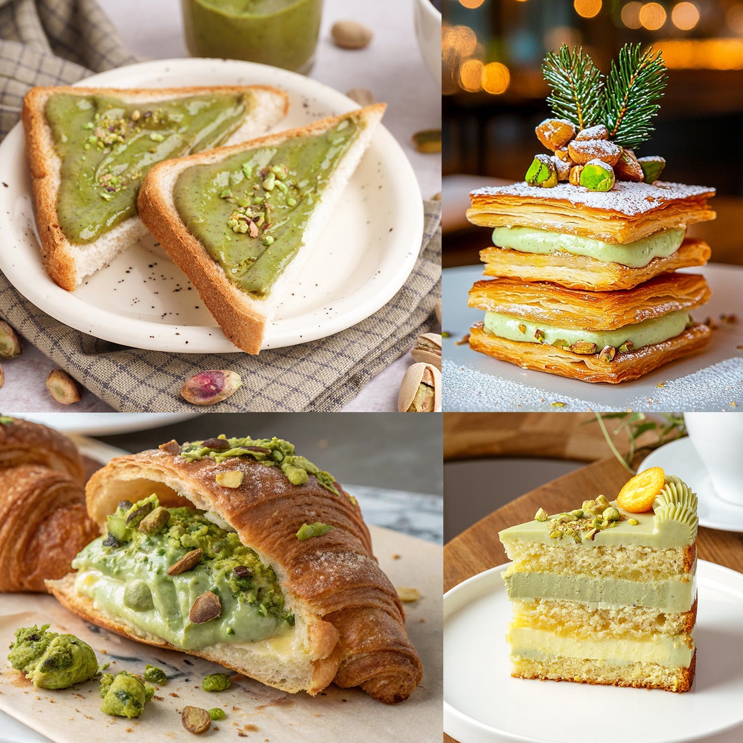 A collage of four desserts made with Ceres Gourmet Professional Pistachio Cream: toast, layered pastry, pistachio cream-filled croissant, and a decorated pistachio cake, perfect for chocolate bars, brownies, pancakes, or pastry.