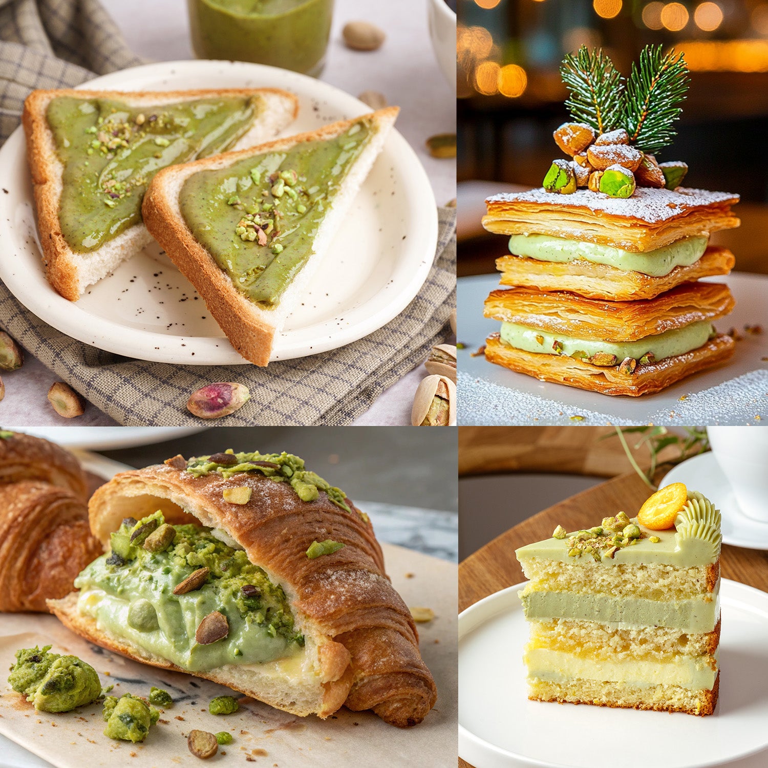 A collage of four desserts made with Ceres Gourmet Professional Pistachio Cream: toast, layered pastry, pistachio cream-filled croissant, and a decorated pistachio cake, perfect for chocolate bars, brownies, pancakes, or pastry.
