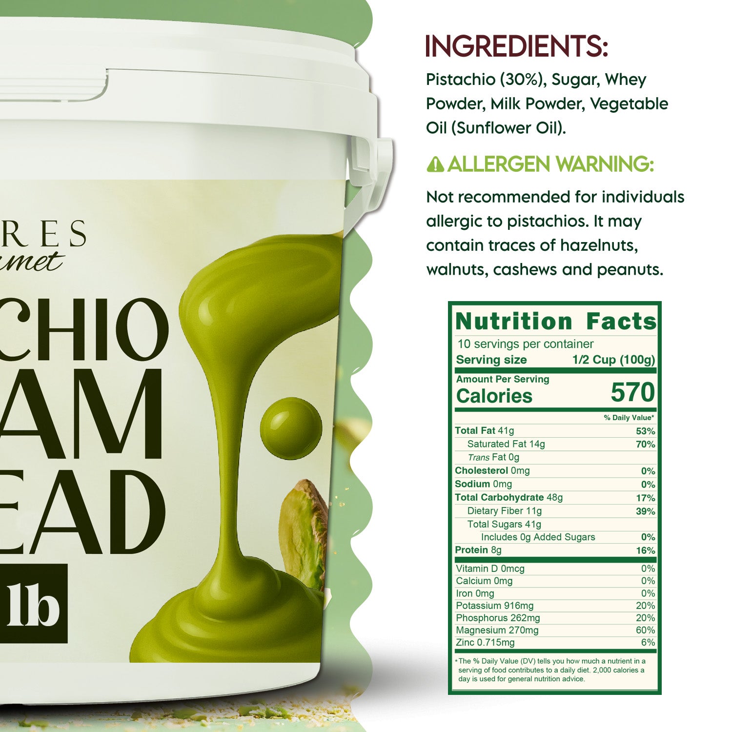 Ceres Gourmet Professional Pistachio Cream—ideal for Dubai chocolate bars, brownies, pancakes, pastries, and desserts—comes in 2.2 lb, 6.6 lb, and 11 lb sizes. Made with rich Antep pistachios; creamy green spread shown with pistachios and a swirl.