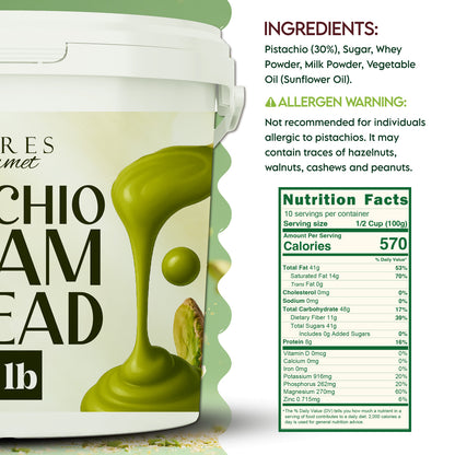 Ceres Gourmet Professional Pistachio Cream—ideal for Dubai chocolate bars, brownies, pancakes, pastries, and desserts—comes in 2.2 lb, 6.6 lb, and 11 lb sizes. Made with rich Antep pistachios; creamy green spread shown with pistachios and a swirl.