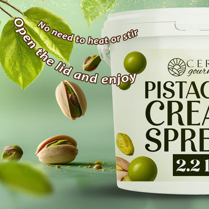 A tub of Ceres Gourmet Professional Pistachio Cream for Dubai Chocolate Bars, Brownies, Pancakes, Pastries, and Desserts (2.2/6.6/11 lb) is shown with pistachios and green leaves. Text: No need to heat or stir. Open and enjoy.