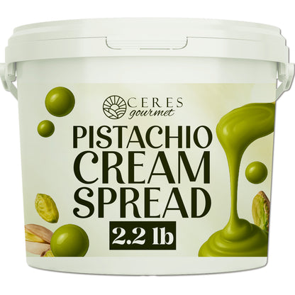 A white plastic tub labeled Ceres Gourmet Professional Pistachio Cream, 2.2 lb—ideal for Dubai chocolate bars, brownies, pancakes, pastries, or desserts—features pistachios and green cream imagery on the packaging.