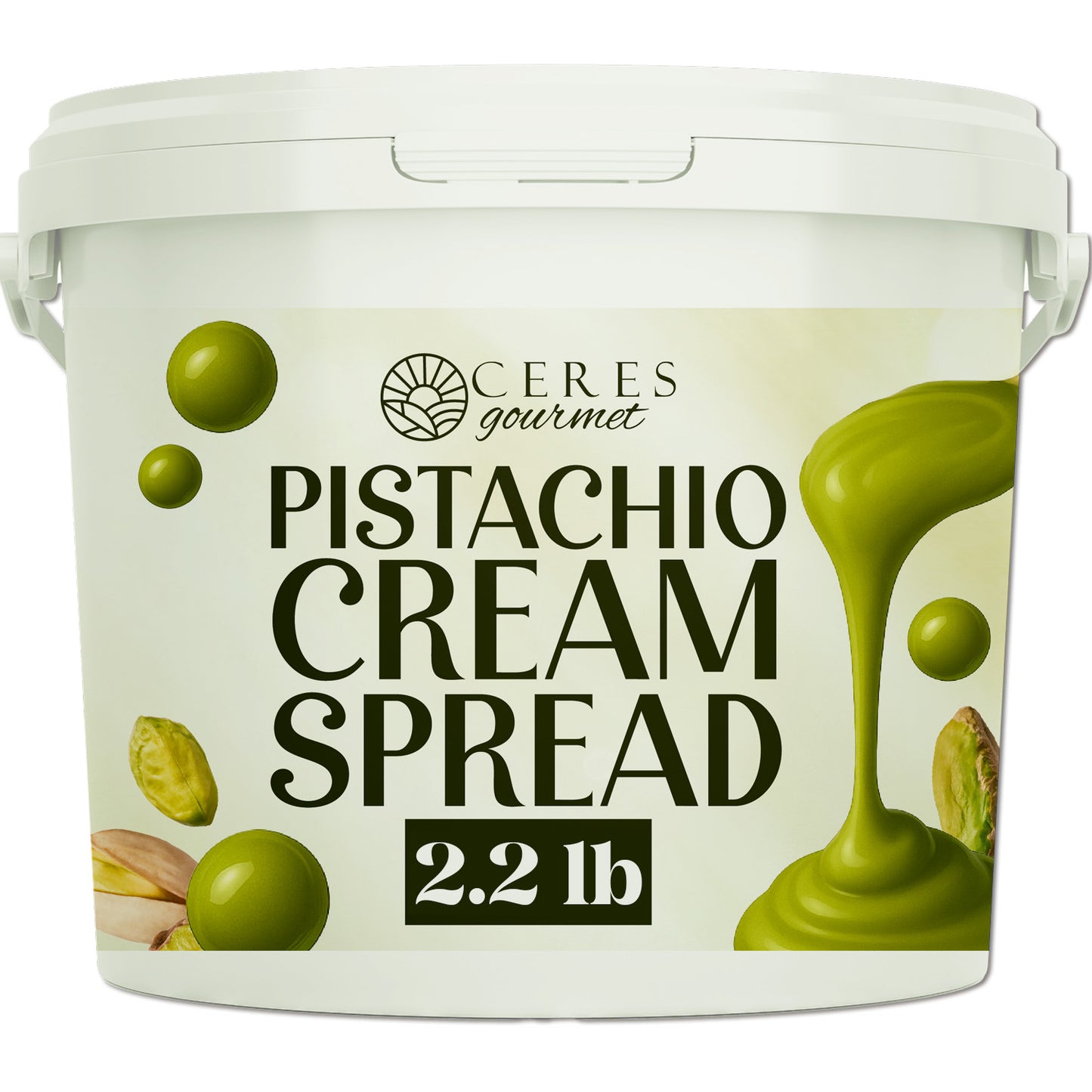A white plastic tub labeled Ceres Gourmet Professional Pistachio Cream 2.2 lb, perfect for Dubai chocolate bars, brownies, pancakes, pastries, and desserts, featuring pistachio and green cream imagery.