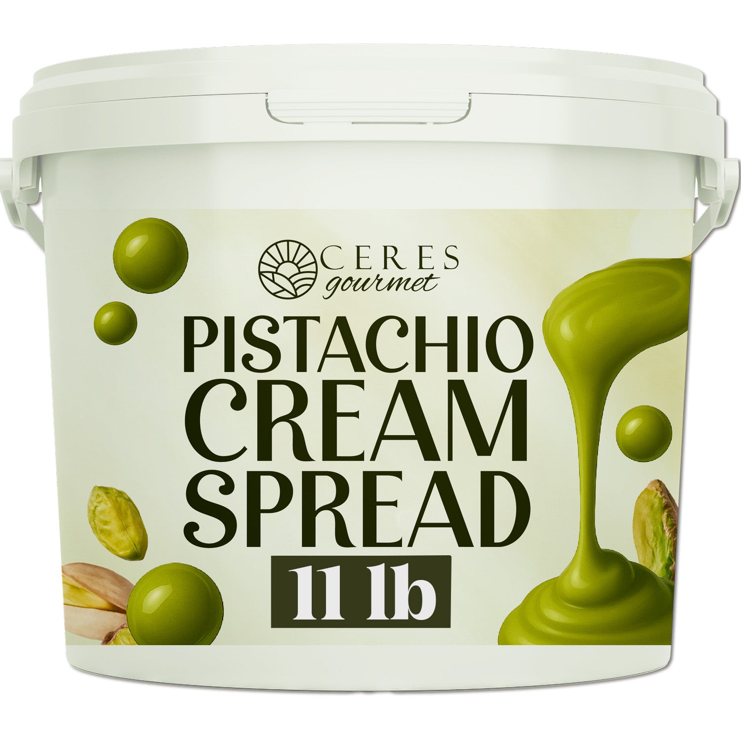 A white plastic tub labeled Ceres Gourmet Professional Pistachio Cream for Dubai Chocolate Bars, Pastry, and Desserts (11 lb), filled with green pistachio cream and Antep pistachio pieces—ideal for luxurious dessert applications.