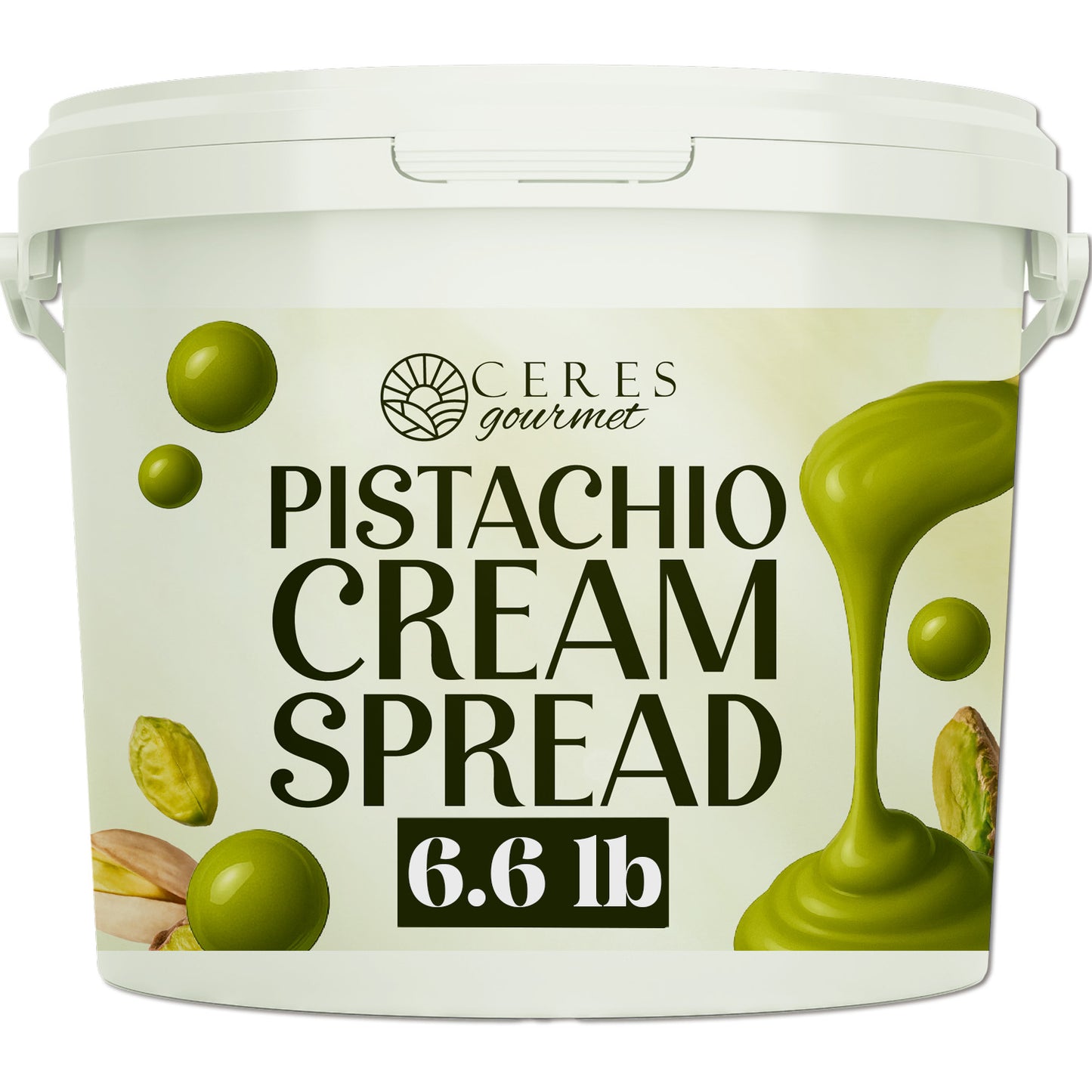 A white Ceres Gourmet tub labeled “Professional Pistachio Cream for Dubai Chocolate Bars, Brownie and Pancake or Pastry, and Dessert Applications 6.6 lb” features Antep pistachio images, ideal for adding rich pistachio flavor to desserts.
