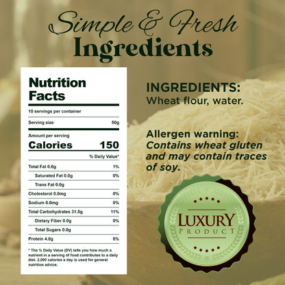 Nutrition facts label for Ceres Gourmet Shredded Kataifi 1.1 lb, made with wheat flour and water, contains wheat gluten and may contain traces of soy; features a Luxury Product seal on a background with fresh kataifi fillo dough strands.