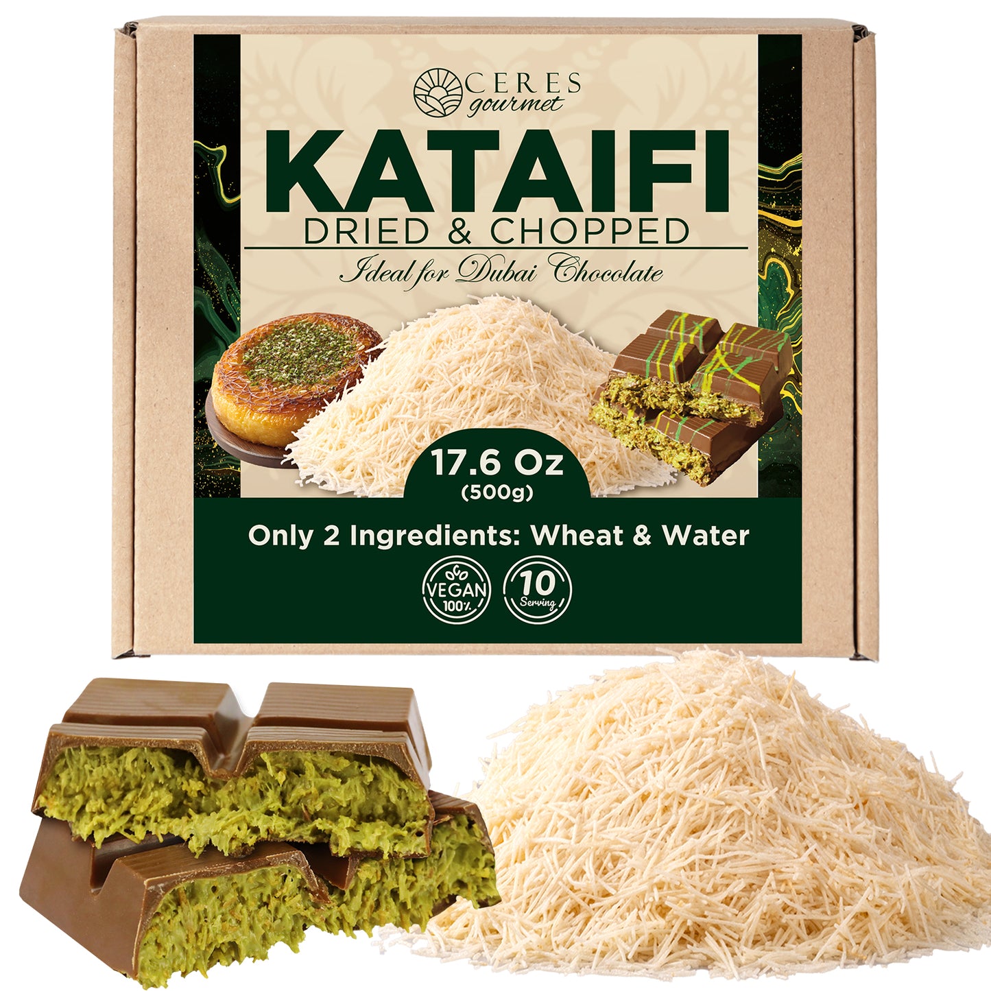 A box of Ceres Gourmet Shredded Kataifi – Authentic, Versatile & Ready-to-Use 1.1 lb sits behind a pile of shredded fillo dough and pistachio chocolate bars—ideal for vegan Turkish favorites like kunafa or baklava, made simply with wheat and water.