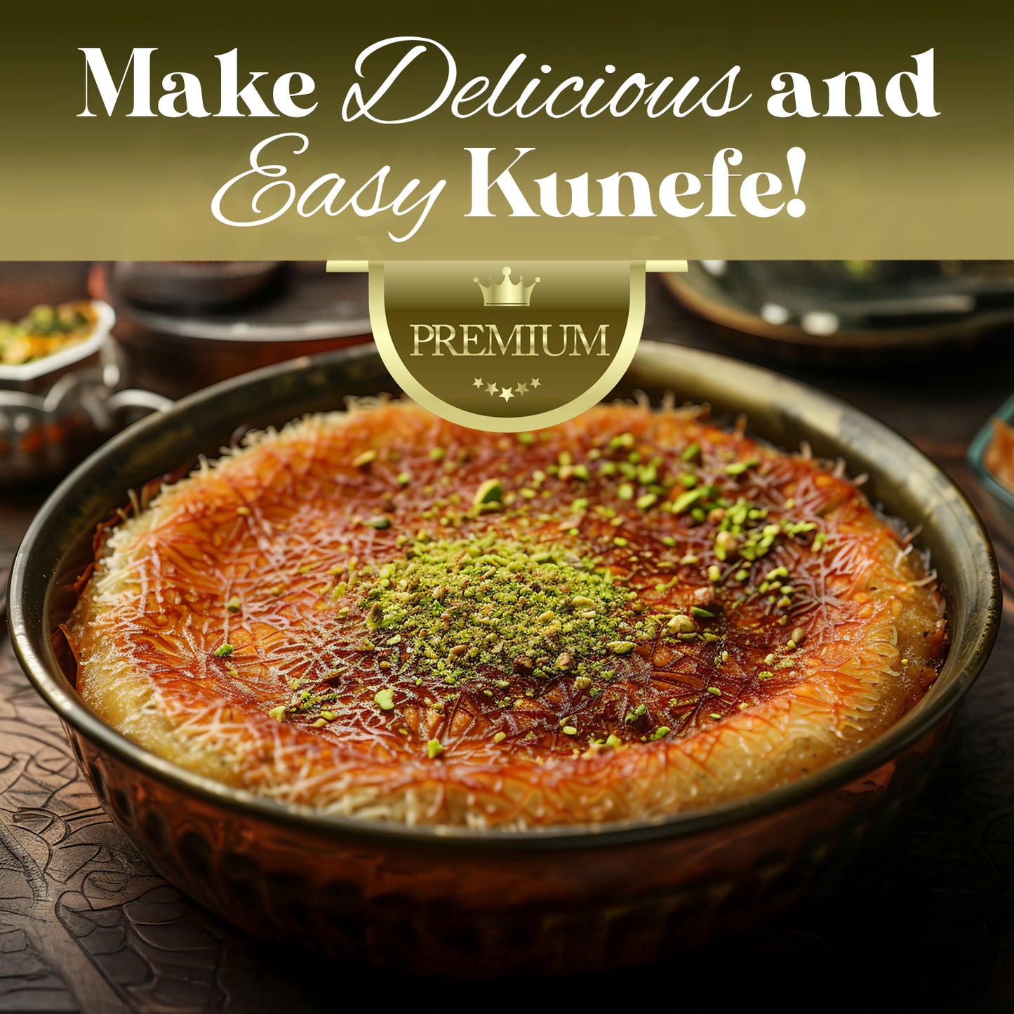 A close-up of kunefe made with Ceres Gourmet Shredded Kataifi – Authentic, Versatile & Ready-to-Use 1.1 lb, topped with crushed pistachios in a round dish. The text above reads, Make Delicious and Easy Kunefe! PREMIUM.