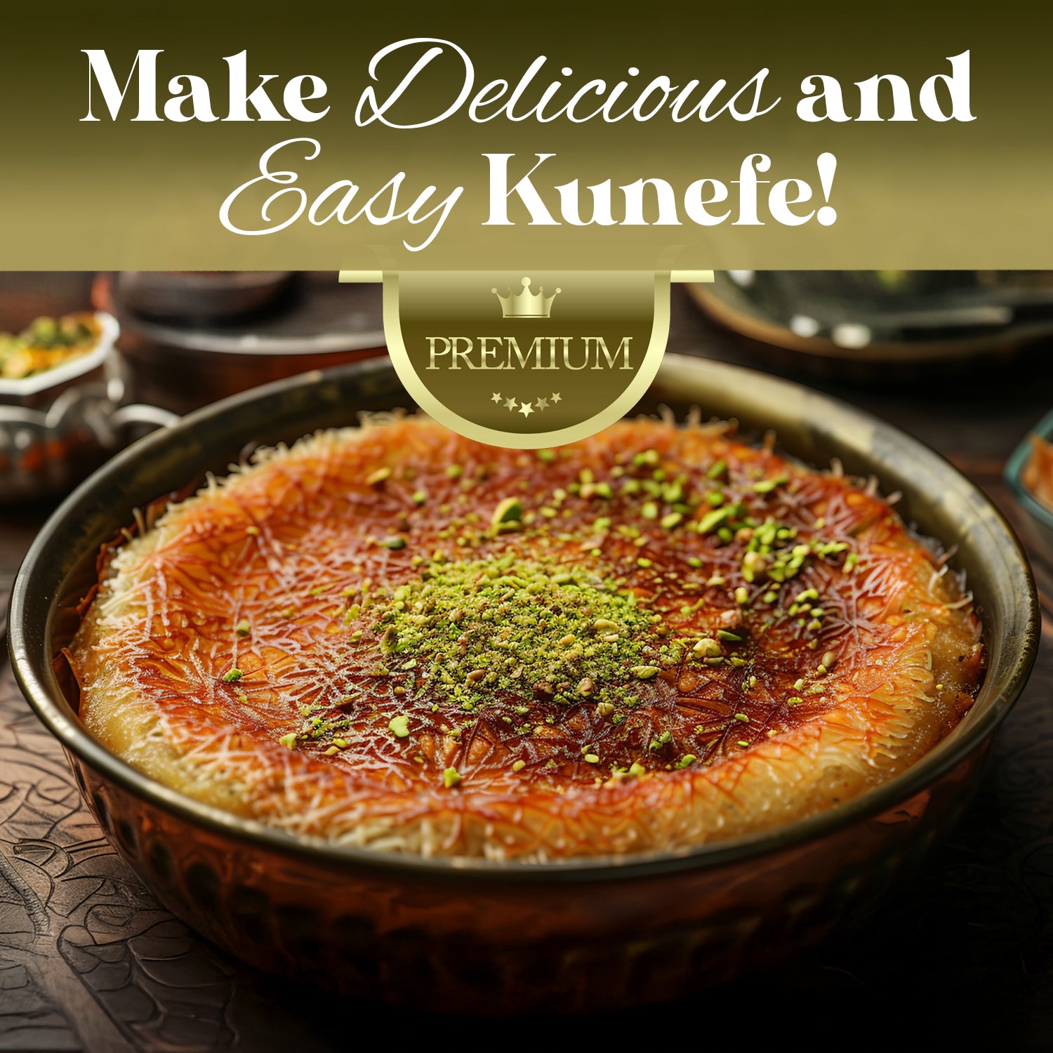 A close-up of kunefe made with Ceres Gourmet Shredded Kataifi – Authentic, Versatile & Ready-to-Use 1.1 lb, topped with crushed pistachios in a round dish. The text above reads, Make Delicious and Easy Kunefe! PREMIUM.