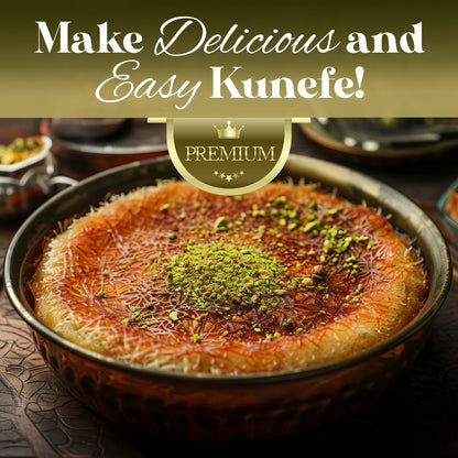 A close-up of kunefe made with Ceres Gourmet Shredded Kataifi – Authentic, Versatile & Ready-to-Use 1.1 lb, topped with crushed pistachios in a round dish. The text above reads, Make Delicious and Easy Kunefe! PREMIUM.