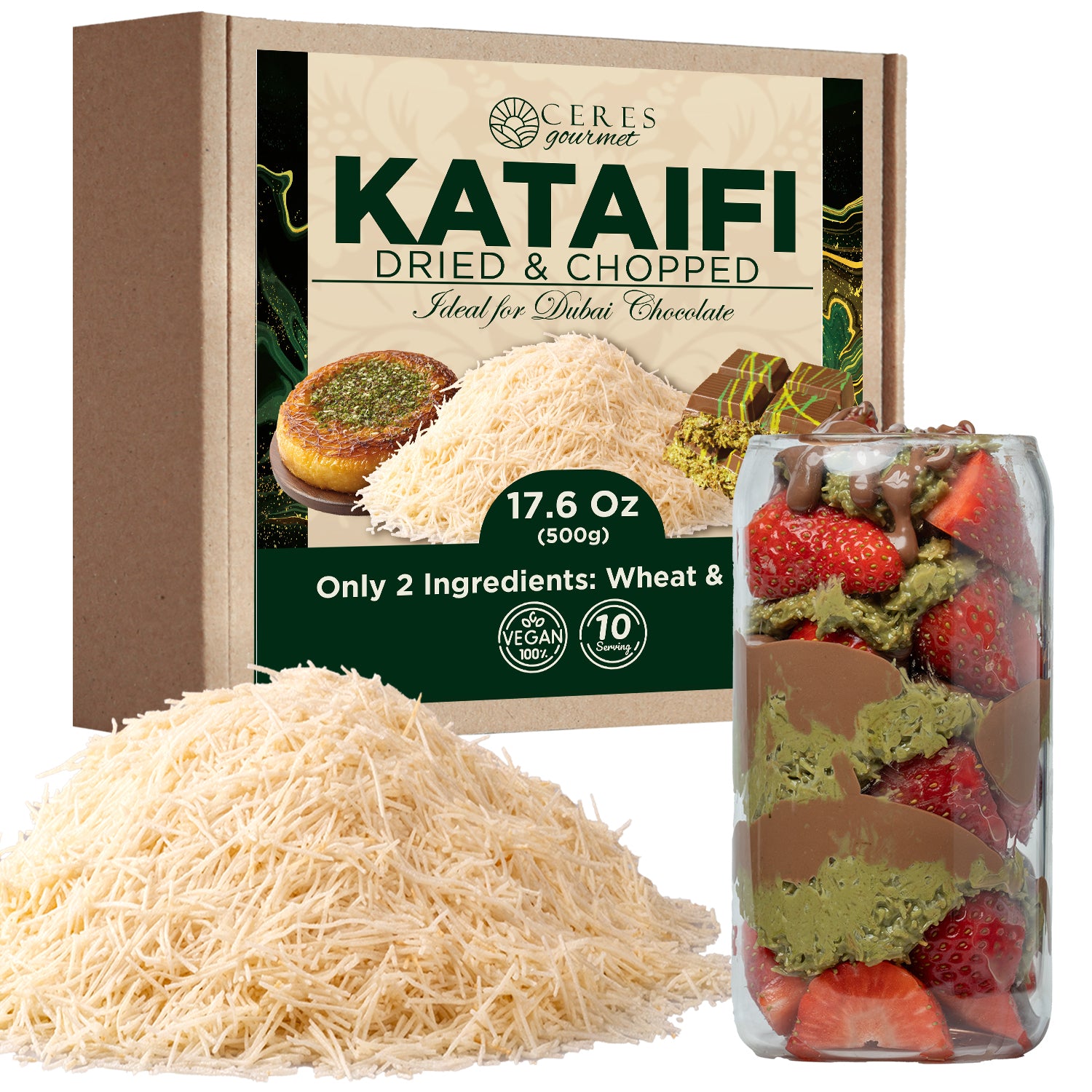 A box of Ceres Gourmet Shredded Kataifi – Authentic, Versatile & Ready-to-Use 1.1 lb sits beside Turkish pastry and a glass layered with strawberries, chocolate, and pistachio cream. The vegan pack has just two ingredients—ideal for kunafa or baklava.