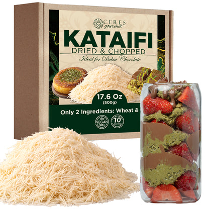 A box of Ceres Gourmet Shredded Kataifi – Authentic, Versatile & Ready-to-Use 1.1 lb sits beside Turkish pastry and a glass layered with strawberries, chocolate, and pistachio cream. The vegan pack has just two ingredients—ideal for kunafa or baklava.