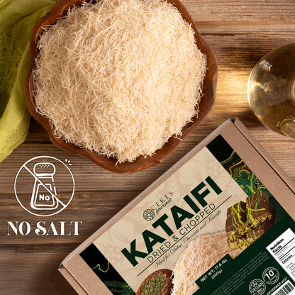A bowl of Ceres Gourmet Shredded Kataifi – Authentic, Versatile & Ready-to-Use 1.1 lb sits on a wooden table beside its box. A No Salt icon highlights that this Turkish pastry contains no added salt.