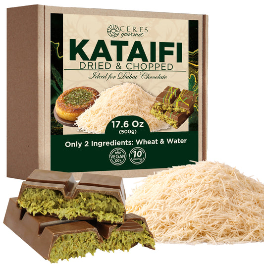 Ceres Gourmet Shredded Kataifi – Authentic, versatile & ready-to-use 1.1 lb, is vegan and kosher. This fillo dough is ideal for kunafa, baklava, Turkish pastries or creative desserts—just fill or top with nuts and chocolates as desired.