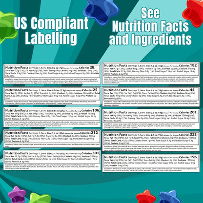 Nutrition facts labels with colorful stars on a blue background