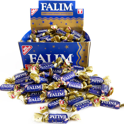 Box of Falim candy bars with blue and gold wrappers on a white background