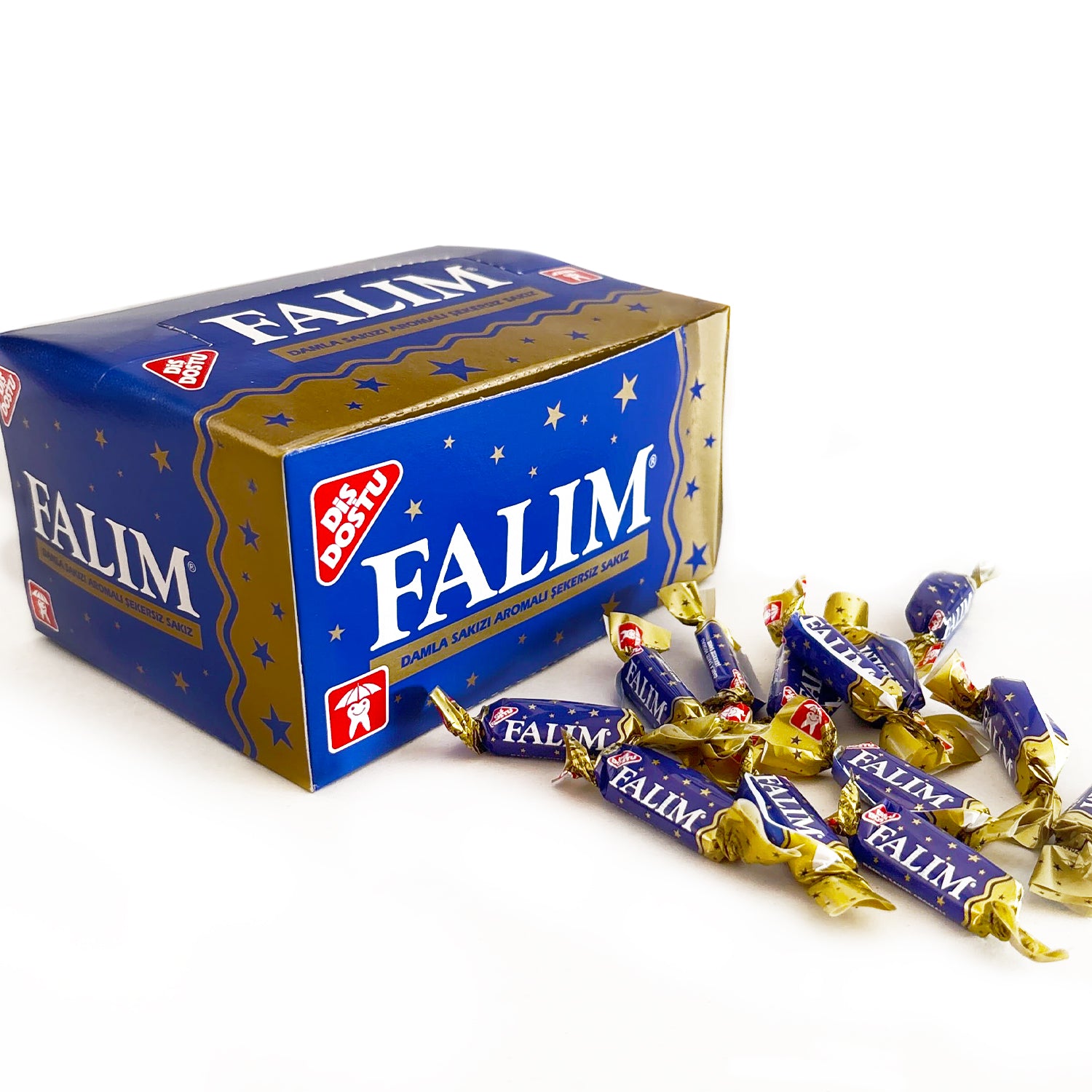 Box of Falim candies with individually wrapped candies on a white background