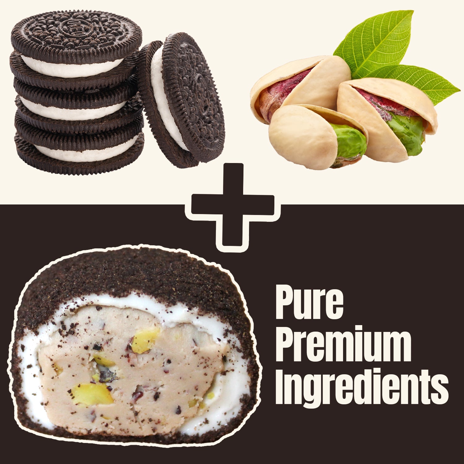 A stack of Oreo and pistachio cookies above a plus sign, with an ice cream scoop below, next to “Pure Premium Ingredients”—perfect for pairing with Ceres Gourmet Turkish Delight Candy Authentic Sweets Lokum Oreo & Lotus Flavored.