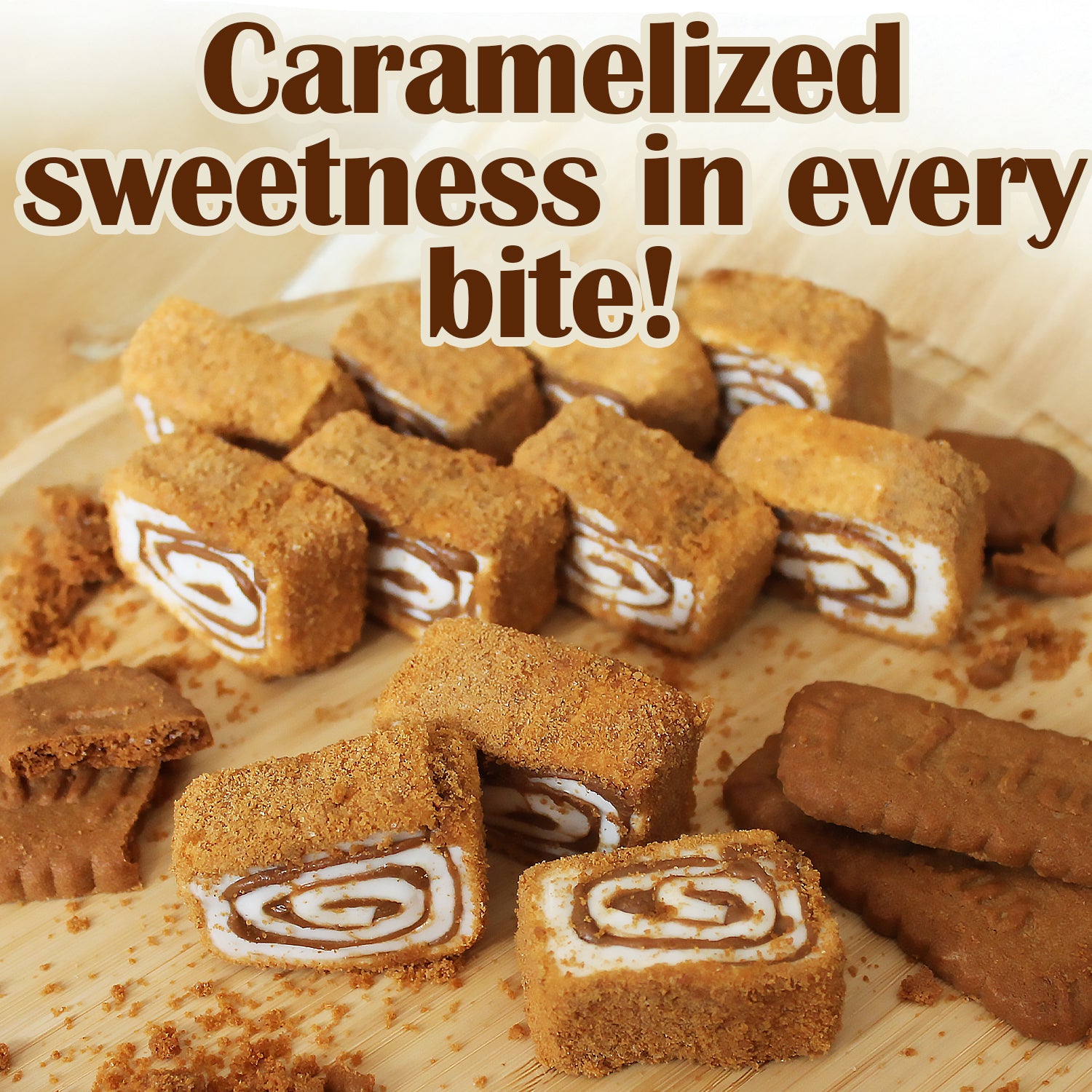 Ceres Gourmet Turkish Delight Candy Authentic Sweets Lokum Oreo & Lotus Flavored are arranged on a wooden surface, featuring creamy swirls and classic crumb topping. Text above reads: Caramelized sweetness in every bite!.