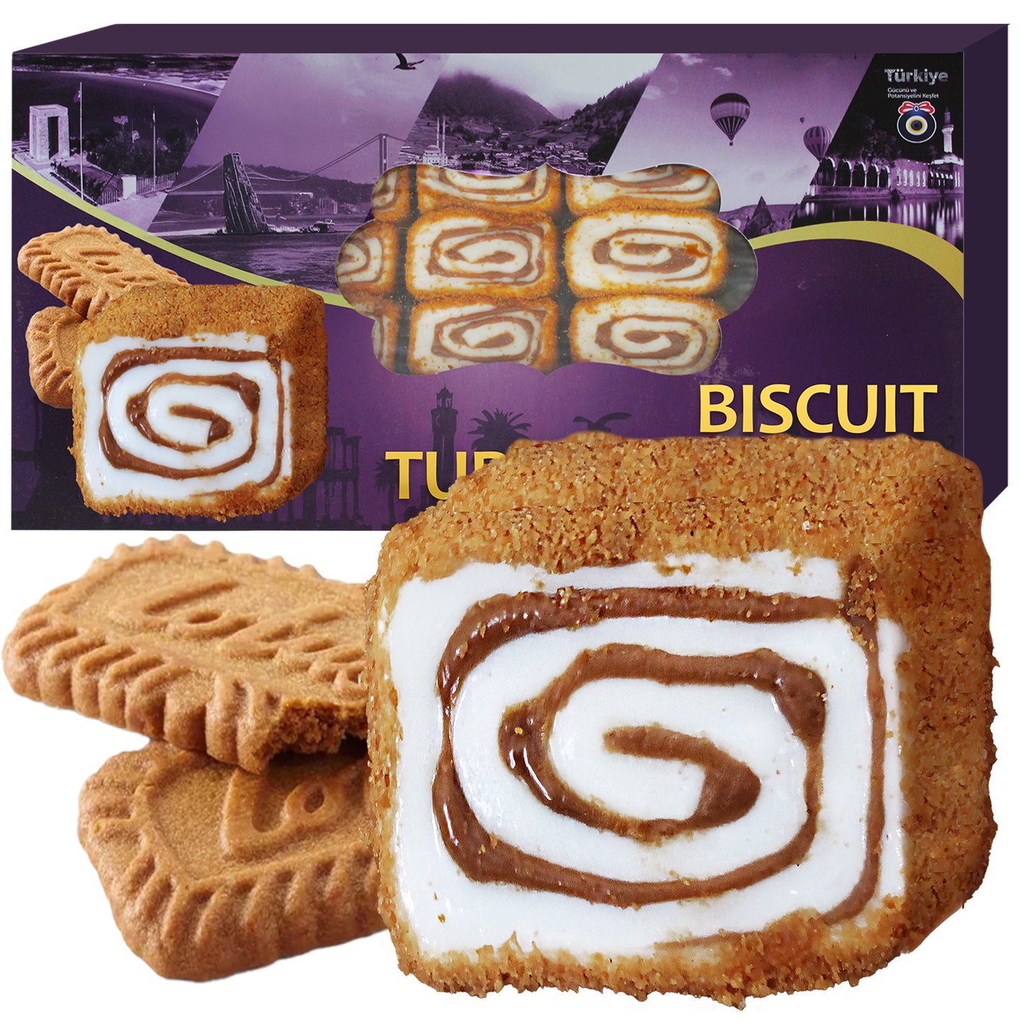 A close-up of Turkish biscuits in front of a box featuring purple images of landmarks and labeled Ceres Gourmet Turkish Delight Candy Authentic Sweets Lokum Oreo & Lotus Flavored, perfect to pair with a Turkish Delight Gift Box.