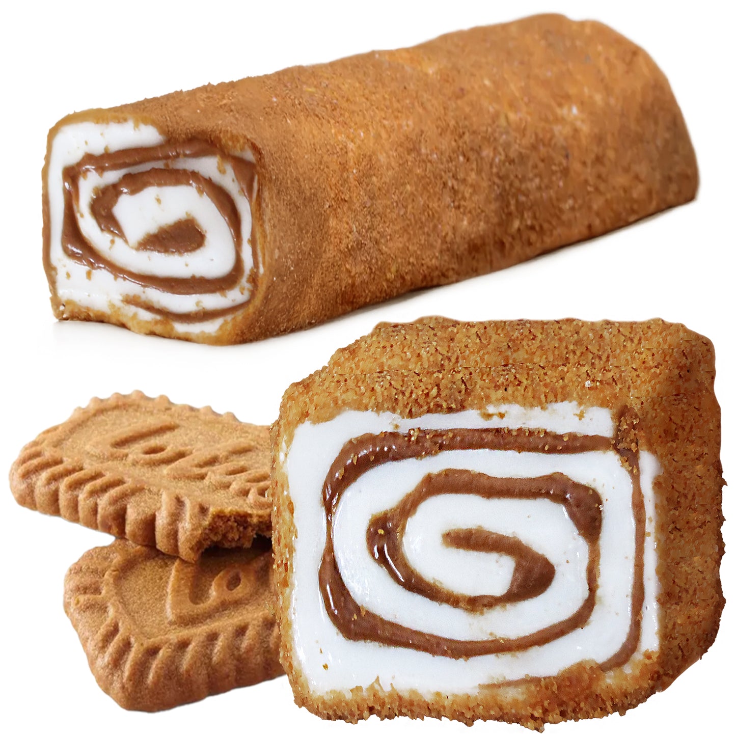 A creamy dessert roll with Oreo & Lotus swirled filling, crumb coating, and spiced cookies—perfectly paired with Ceres Gourmets Turkish Delight Candy Authentic Sweets Lokum Oreo & Lotus Flavored.