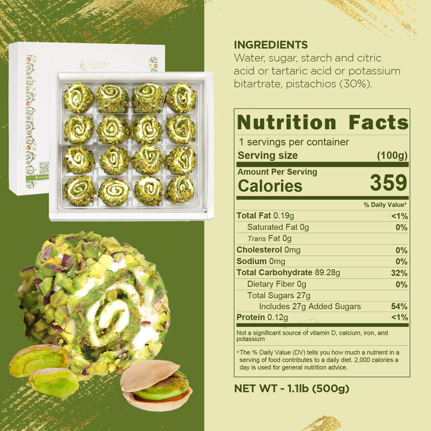 A box of Ceres Gourmet Turkish Delight with Dubai Chocolate Filling – 17.6 oz is shown, featuring a close-up of its pistachio coating. Nutrition facts, ingredients, and net weight appear on a light green background.