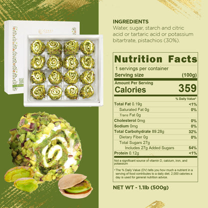 A box of Ceres Gourmet Turkish Delight with Dubai Chocolate Filling – 17.6 oz is shown, featuring a close-up of its pistachio coating. Nutrition facts, ingredients, and net weight appear on a light green background.